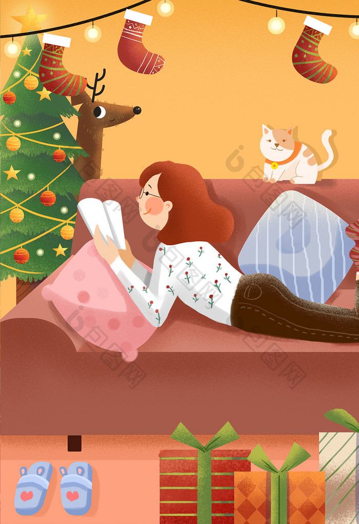 圣诞节看书的女孩猫咪陪伴