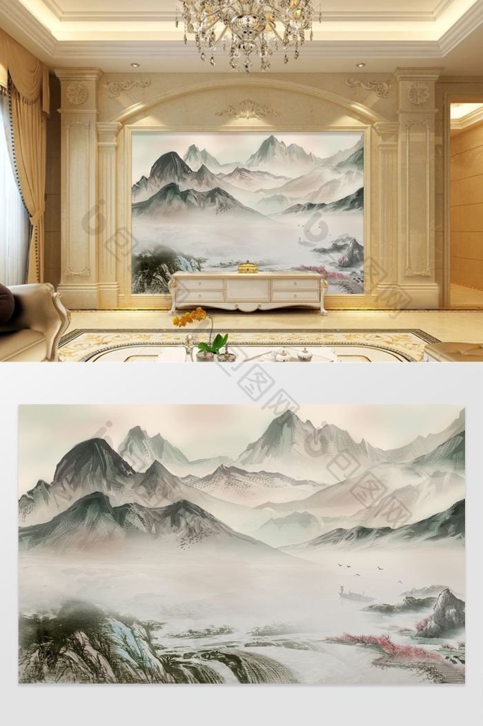 水墨山水源远流长国画背景墙效果图-【包图网】