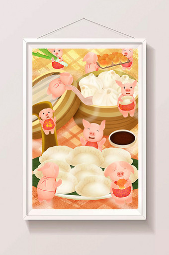 小清新可爱猪猪之肌理颗粒美食插画图片