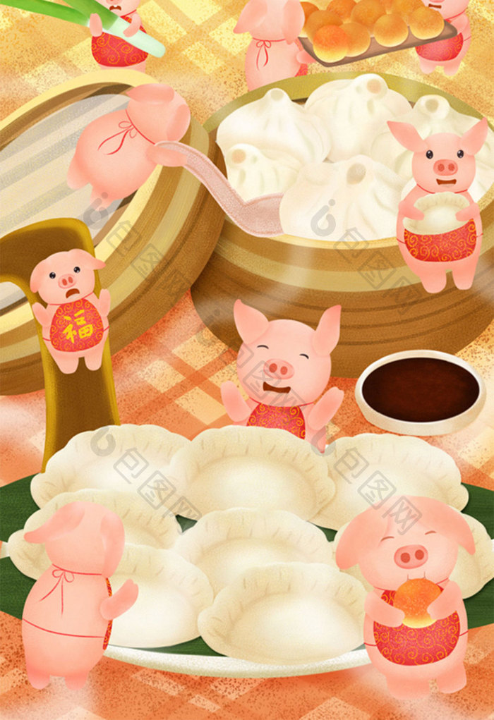 小清新可爱猪猪之肌理颗粒美食插画