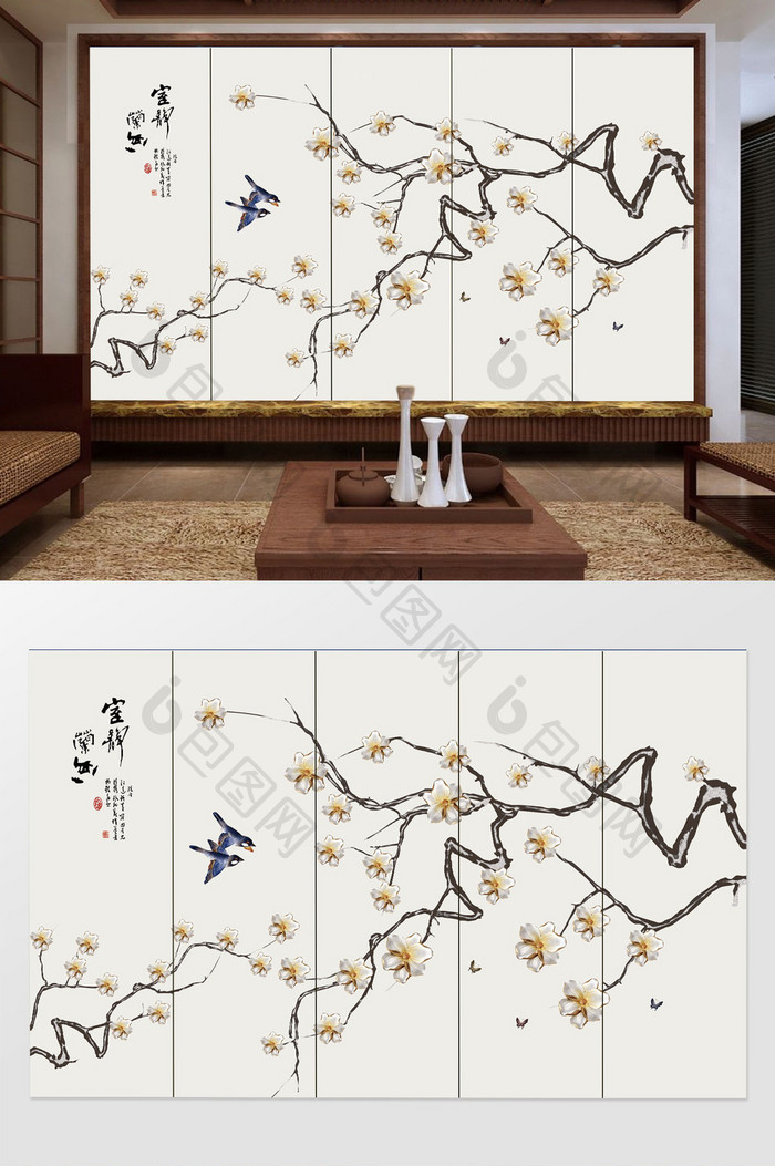 新中式工笔手绘兰花背景墙