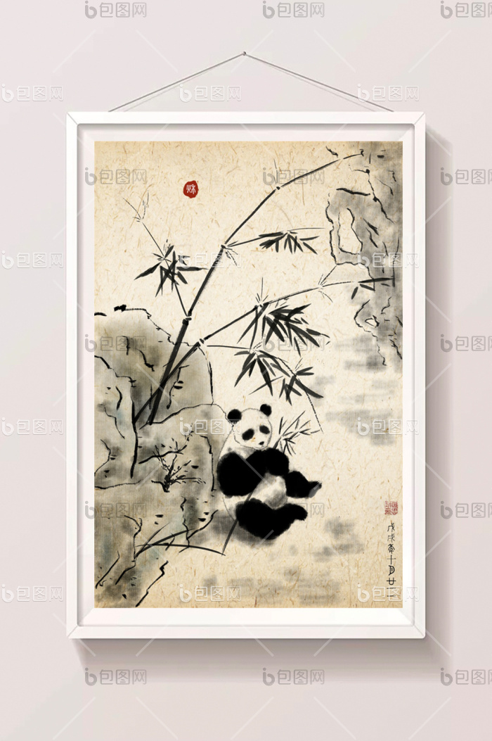 中国水墨写意国画熊猫吃竹子图片-包图网
