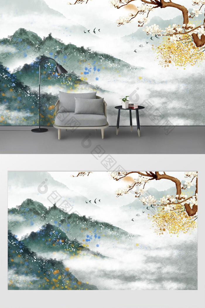 新中式山水画意境仙鹤渔民背景墙