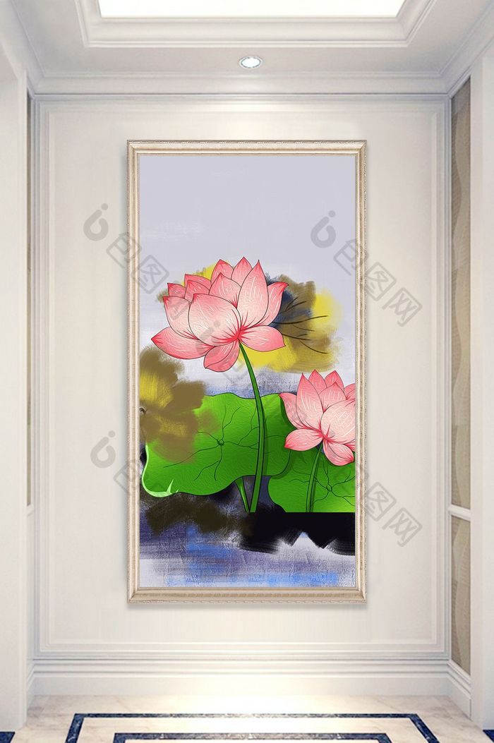 现代抽象荷花油画背景玄关装饰画