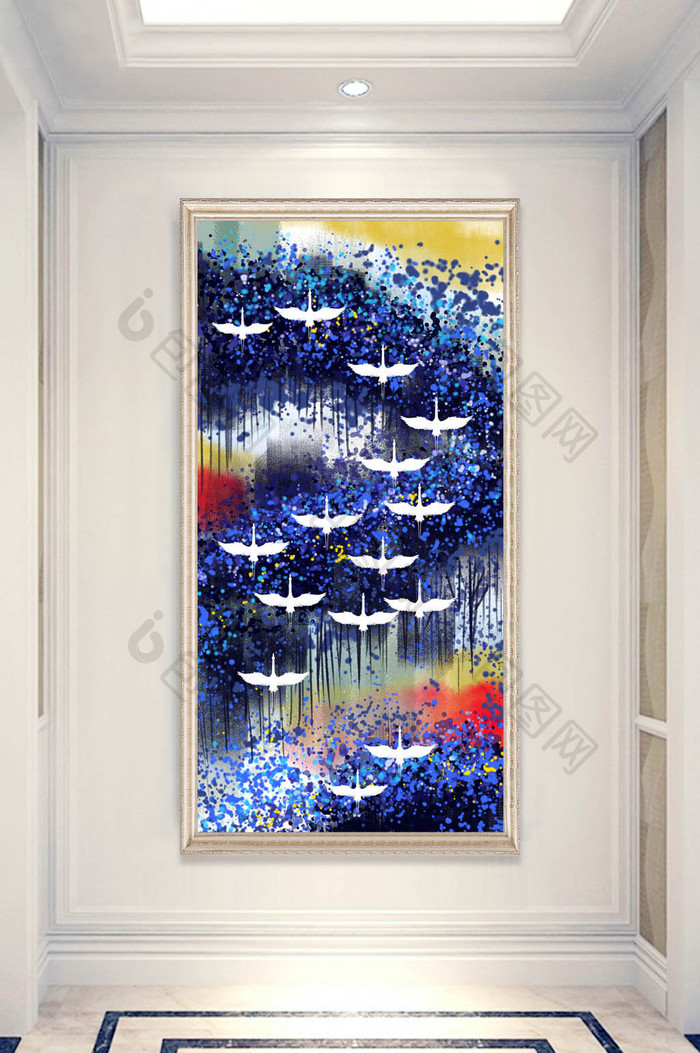 现代手绘抽象飞鸟风景油画背景玄关画