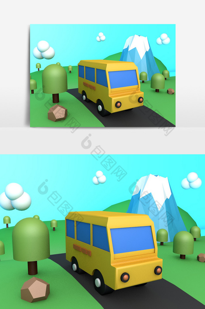 汽车旅行C4D模型郊游游玩场景树山元素图片图片