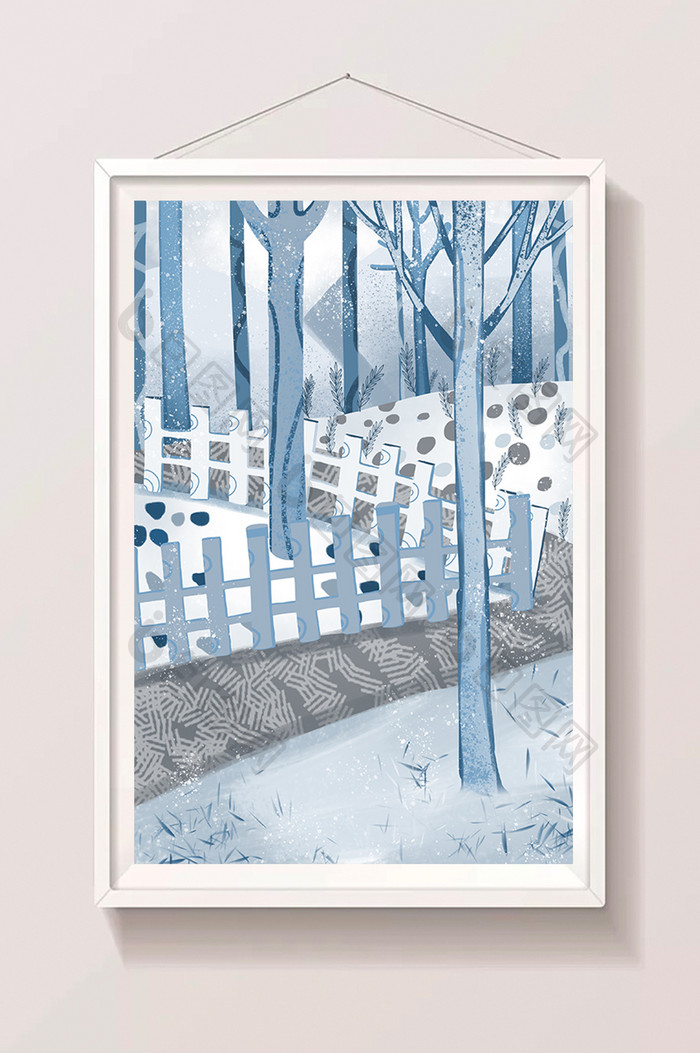 手绘雪后的树木和栅栏插画背景