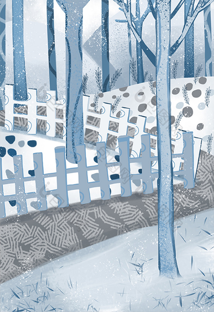 手绘雪后的树木和栅栏插画背景