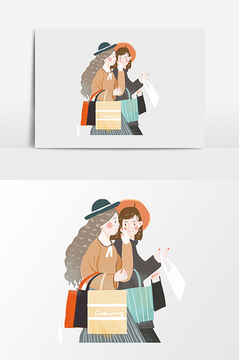 手绘购物的两个女人插画元素图片