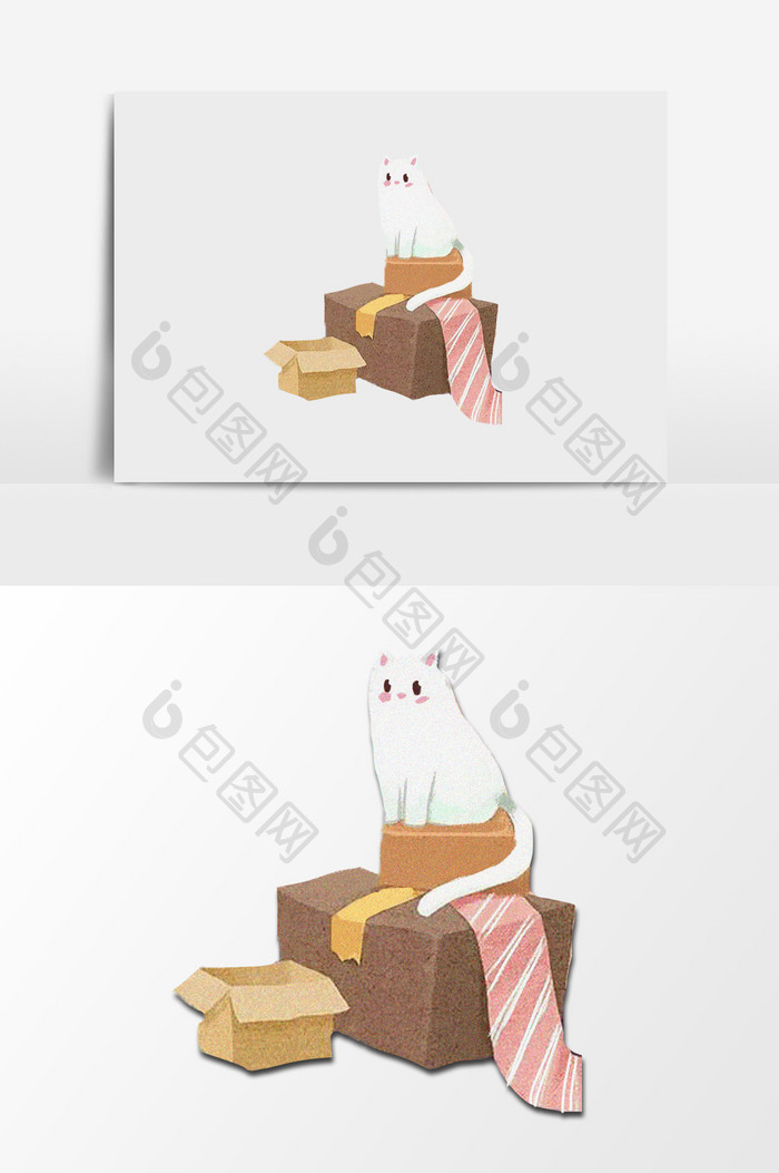 手绘坐在盒子上的猫插画元素