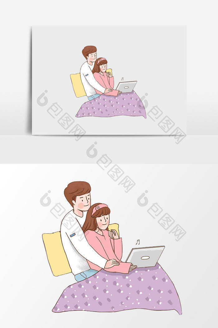 手绘一起玩电脑的情侣插画元素