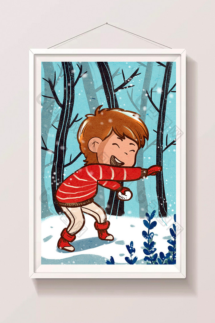 大寒二十四节气传统节日雪景树男孩手绘插画