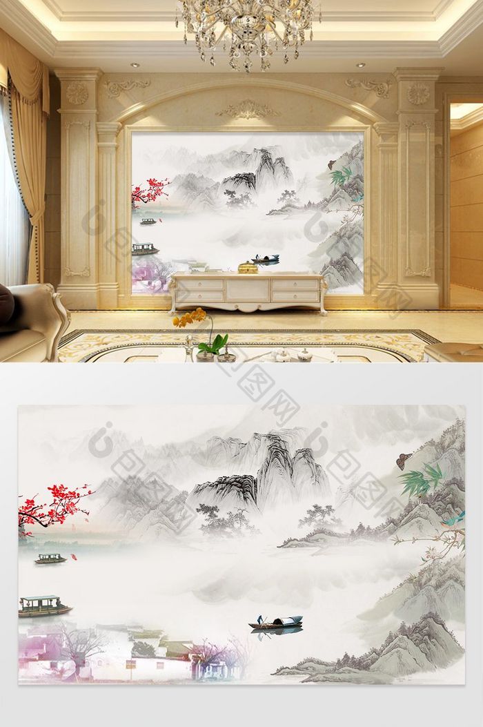 中国风水墨工笔国画江南盛景电视背景墙