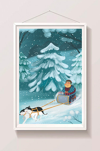 二十四节气节日大寒唯美老人滑雪橇插画图片