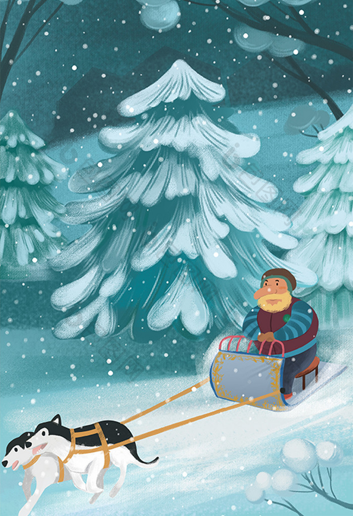 二十四节气节日大寒唯美老人滑雪橇插画
