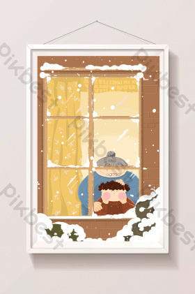 大寒冬季下雪和奶奶在窗台看雪插画图片