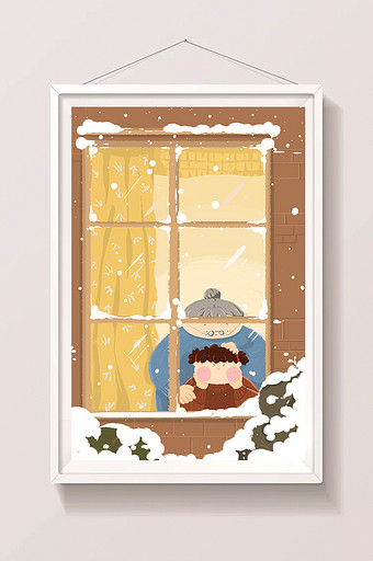 大寒冬季下雪和奶奶在窗台看雪卡通漫画插画图片