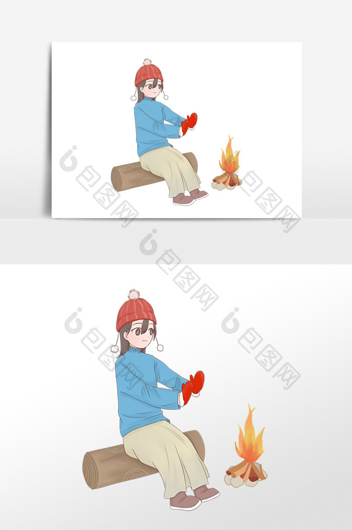 卡通冬季火堆取暖女孩素材