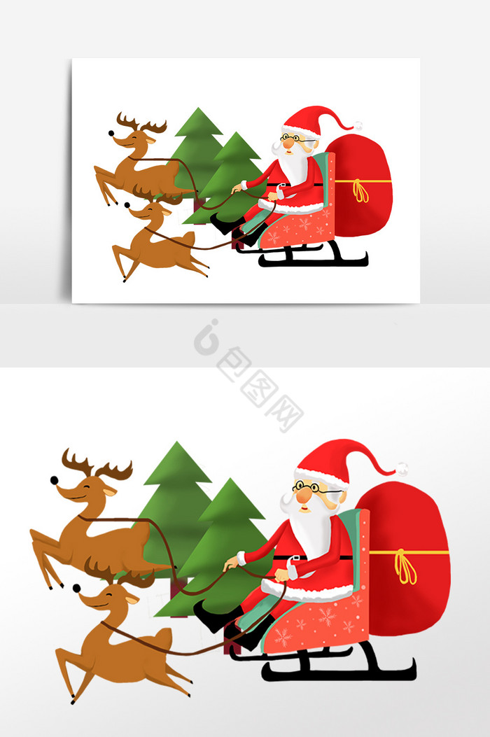 坐着麋鹿雪橇车的圣诞老人插画图片
