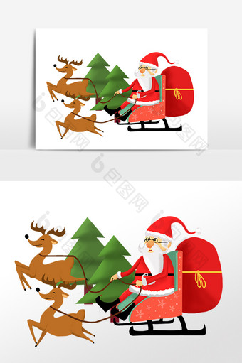 手绘坐着麋鹿雪橇车的圣诞老人插画图片