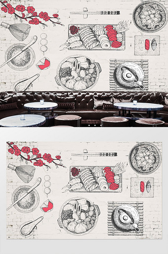 手绘料理寿司店餐饮工装背景墙图片