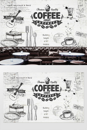 怀旧手绘咖啡店背景墙