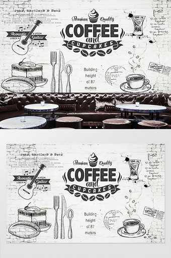 怀旧手绘咖啡店背景墙图片