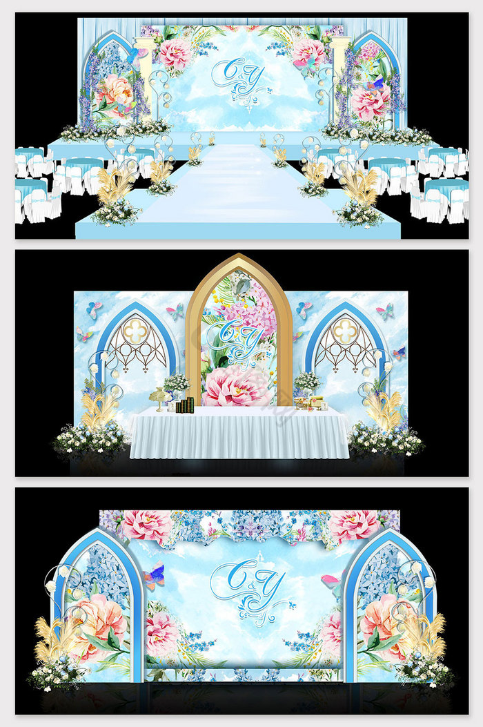现代蓝色小清新水彩花艺主题婚礼效果图图片