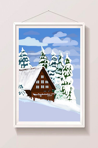 手绘雪地上的房屋插画背景图片