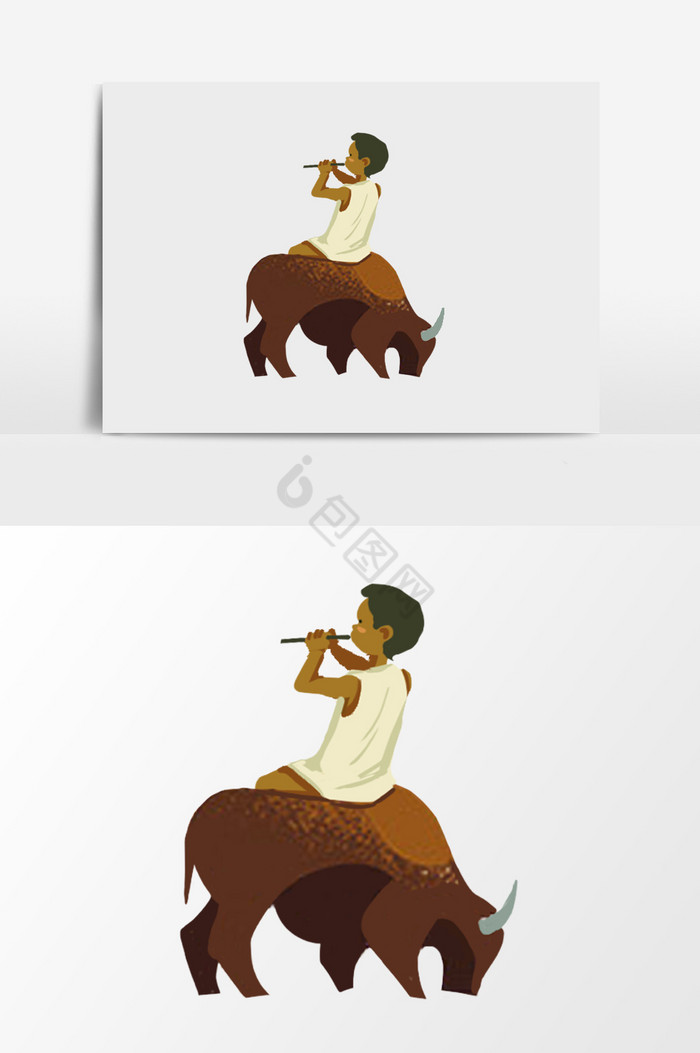 骑牛的牧童插画图片