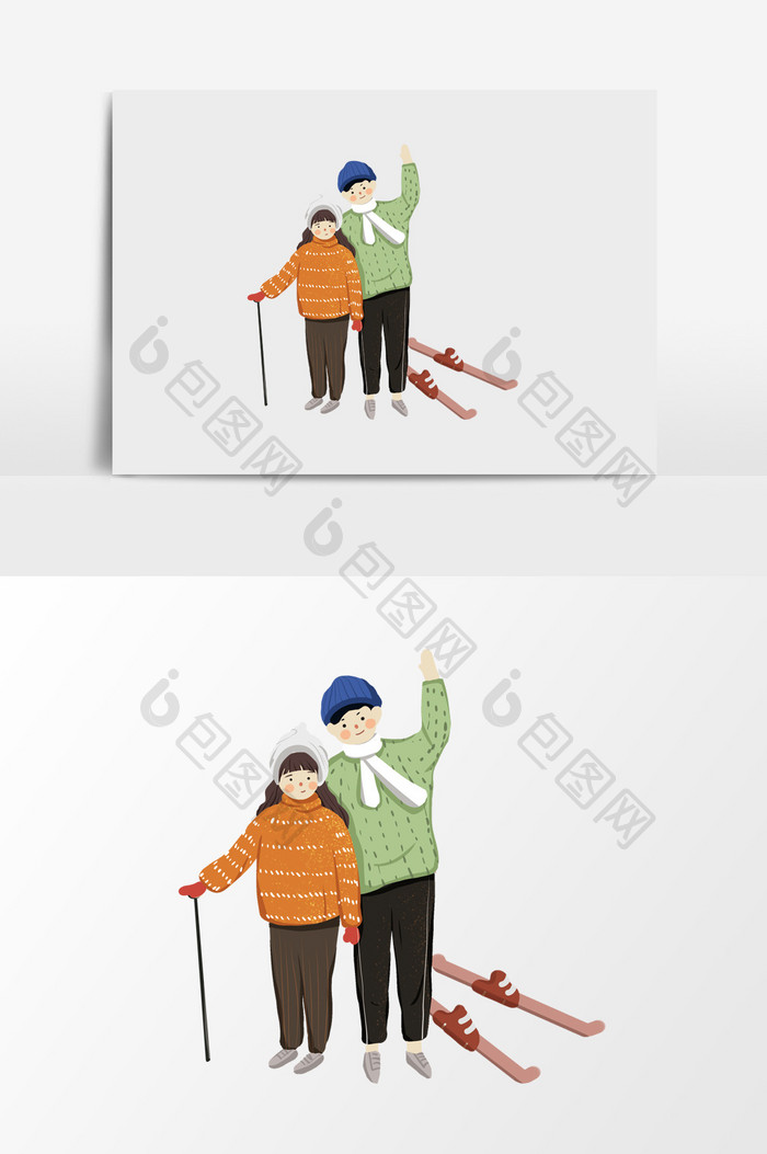 手绘滑雪的情侣插画元素