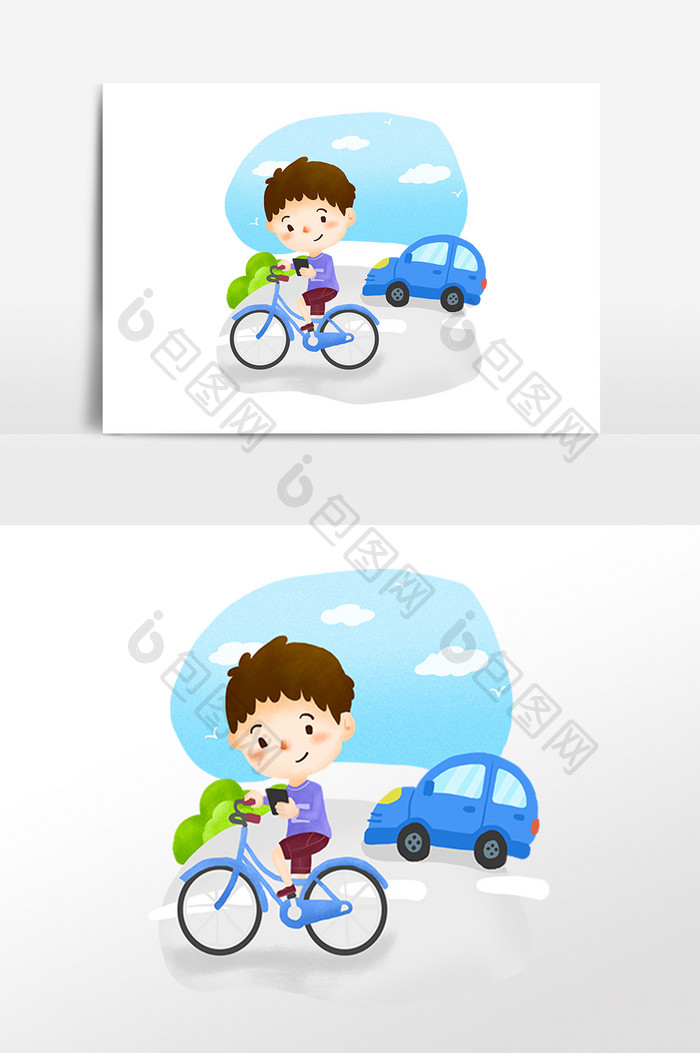 卡通交通安全骑自行车玩手机男孩素材
