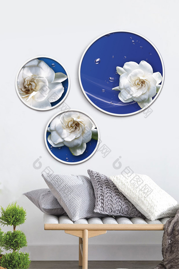 北欧清新蓝色底白色花朵玫瑰装饰画素材