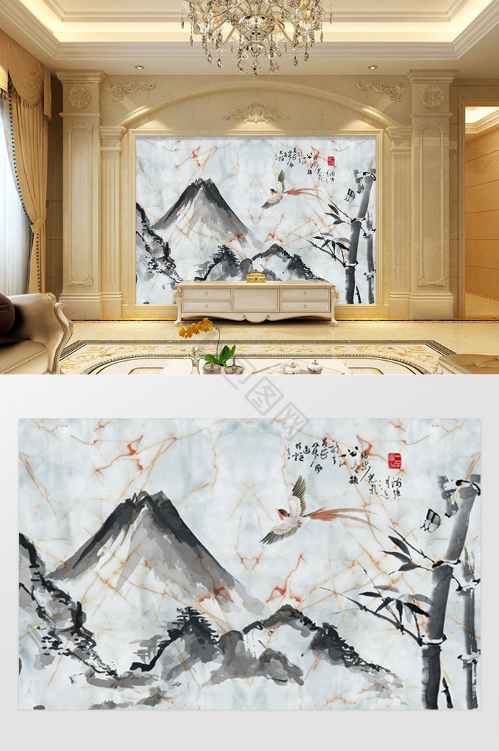 中式山脉大理石飞鸟竹子背景墙图片