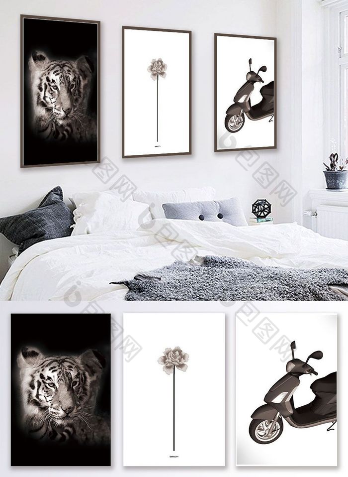 个性定制黑白创意动物植物客厅酒店装饰画
