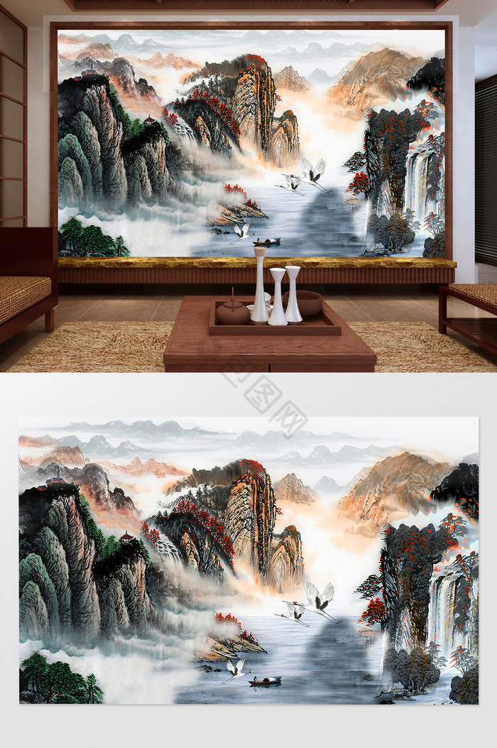 国画山水白鹤背景墙图片
