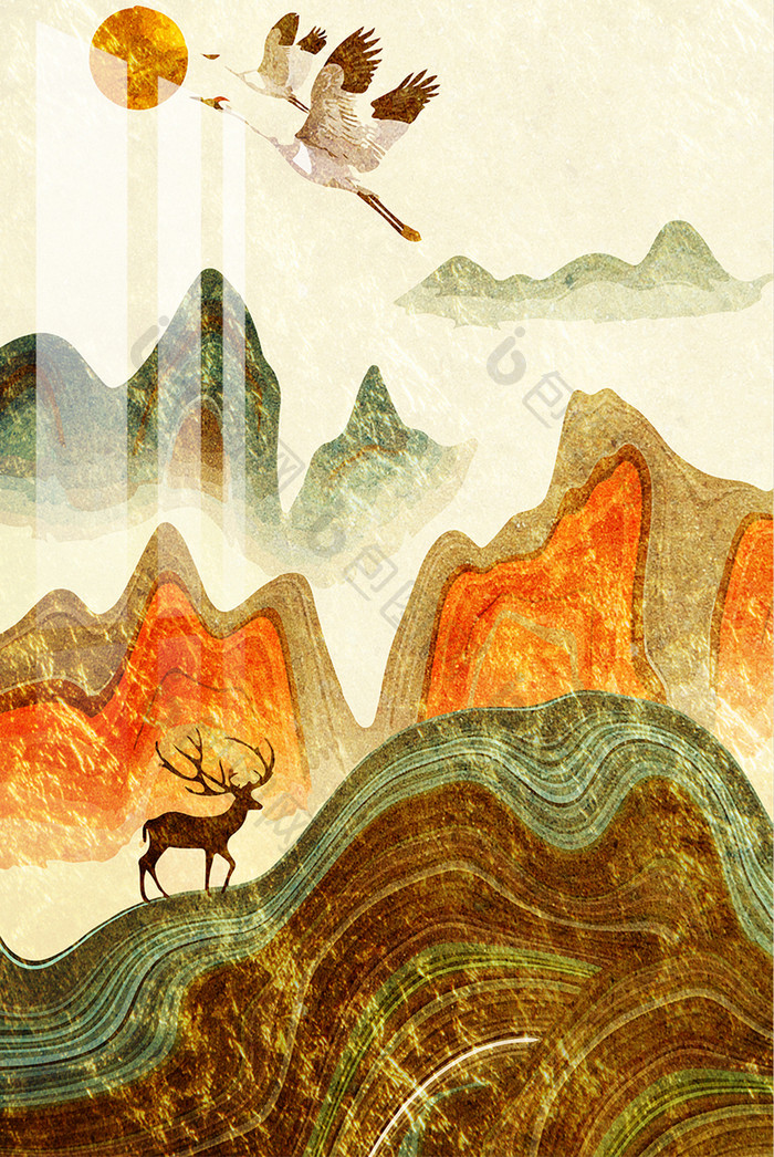 新中式金色抽象艺术山峰飞鸟北欧玄关装饰画