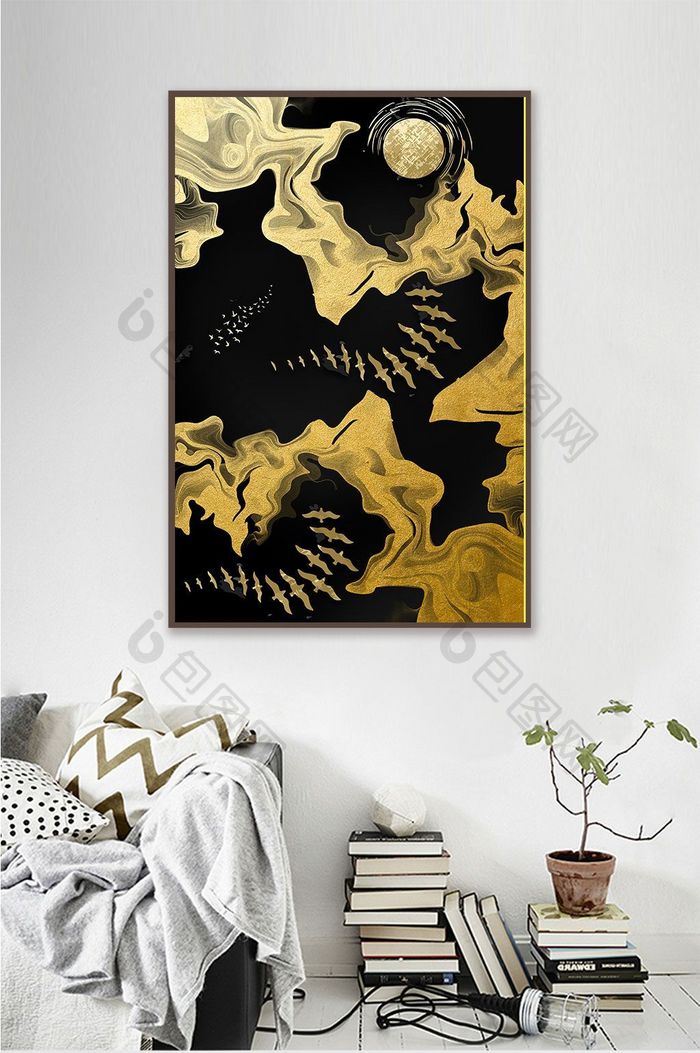 新中式抽象金色山峰麋鹿飞鸟年轮玄关装饰画