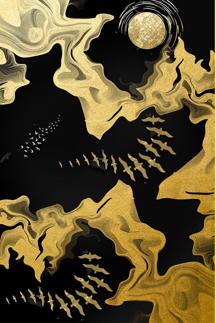 新中式抽象金色山峰麋鹿飞鸟年轮玄关装饰画