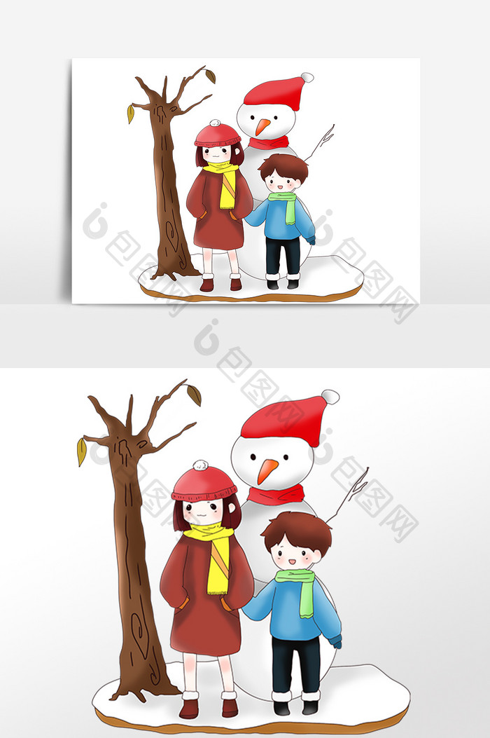 手绘冬至姐弟和雪人插画素材