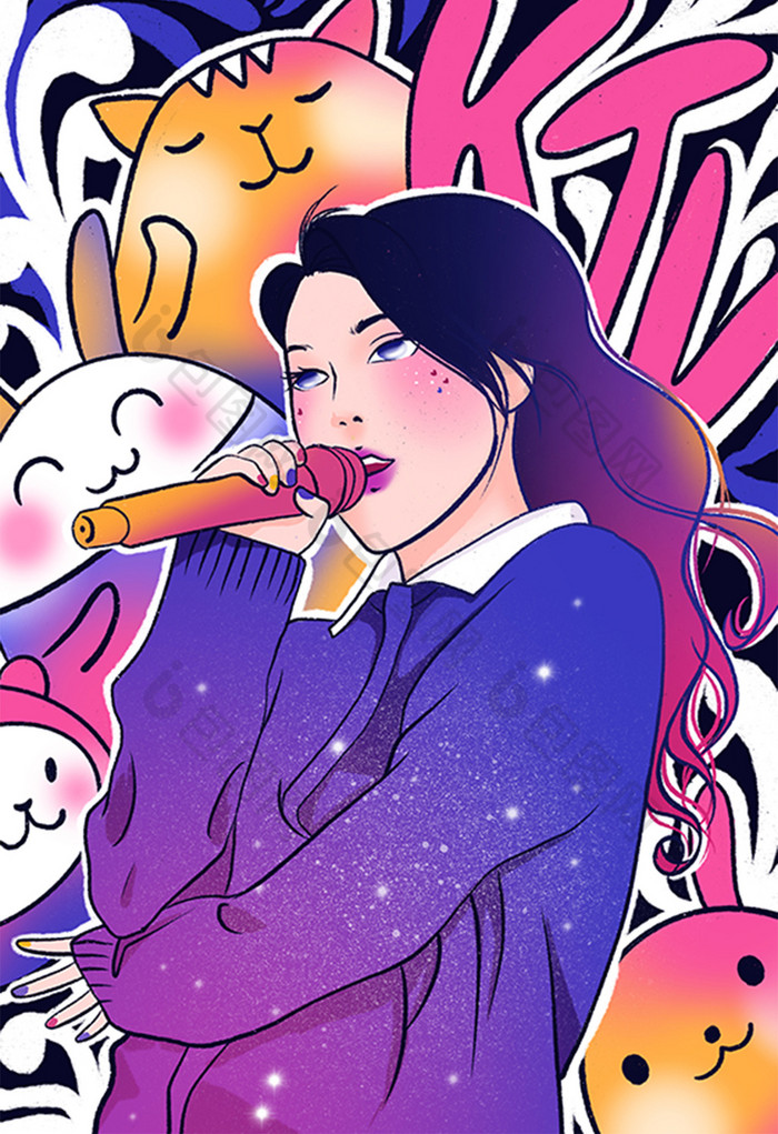 涂鸦风唱歌女孩插画图片