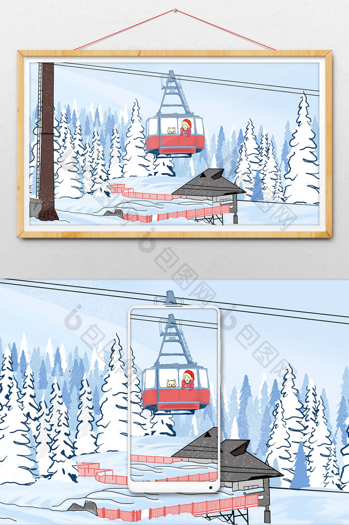 雪松林雪山戴红帽的小孩子和猫图片