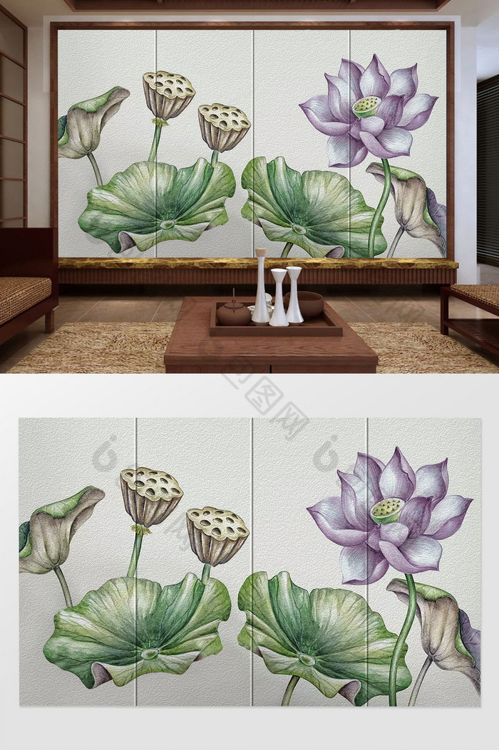 中式大气荷花荷叶莲藕油画时尚背景墙