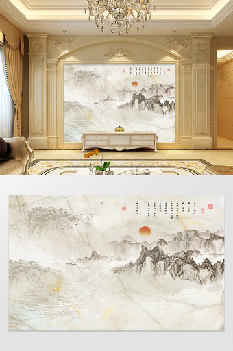 新中式高山流水大理石背景墙图片