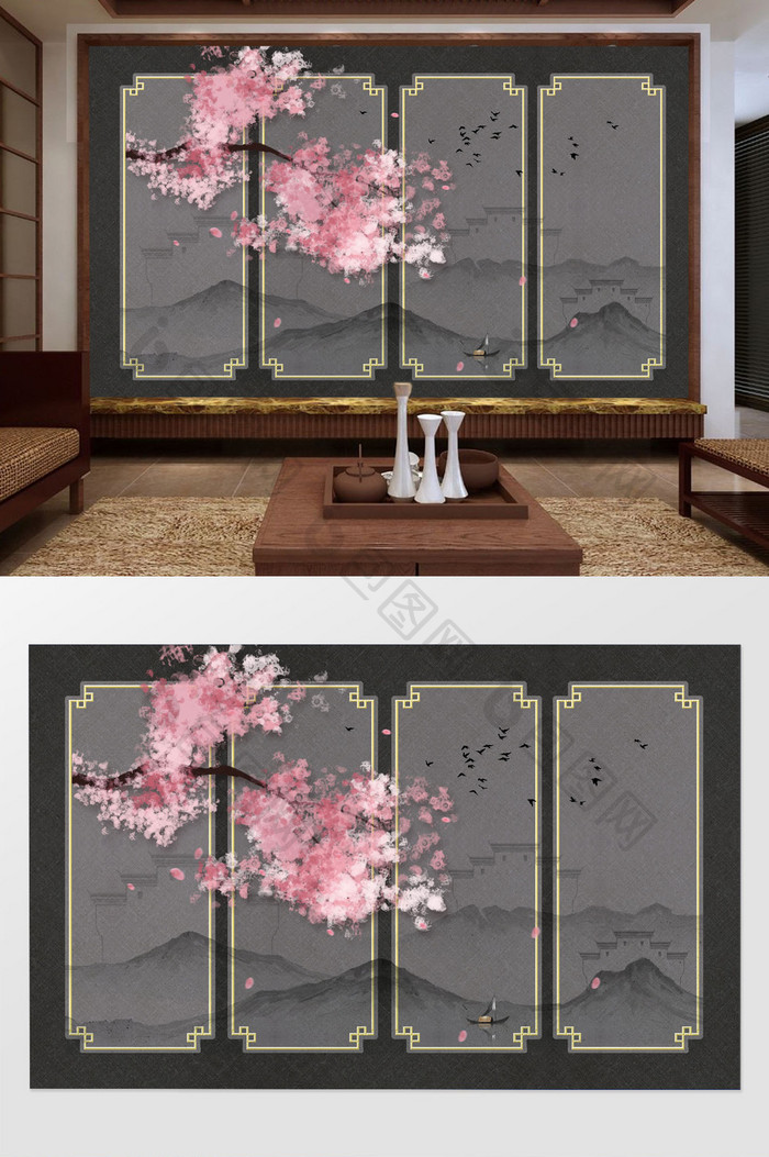中式意境水墨山粉色樱花鸟群时尚大气背景墙