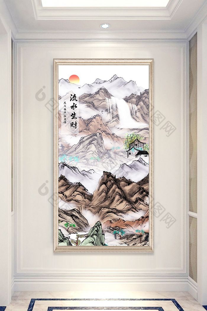 中式国画山水画流水生财玄关装饰画图片图片