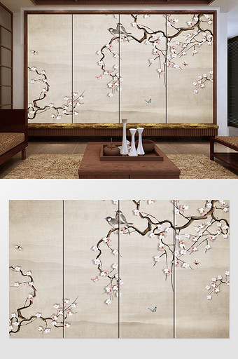 手绘梅花新中式工笔花鸟山水背景墙装饰画图片