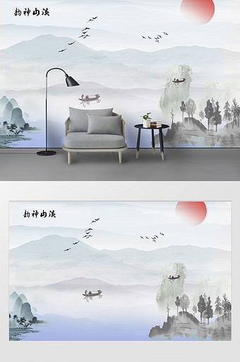 中国风水墨国画山水溪山神韵风景背景墙图片