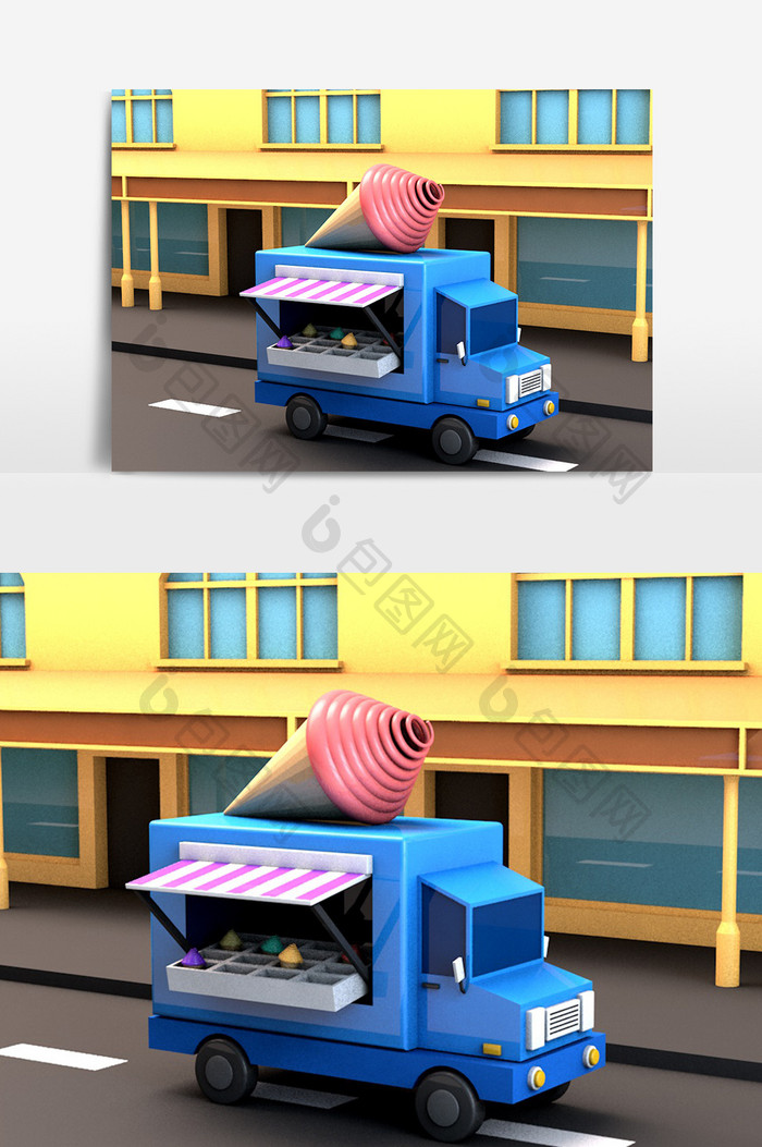 卡通甜筒车汽车交通工具C4D模型海报元素