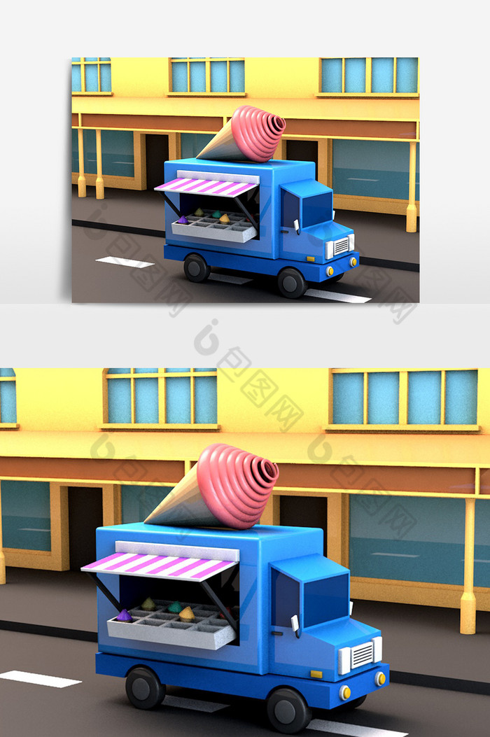 卡通甜筒车汽车交通工具C4D模型海报元素图片图片